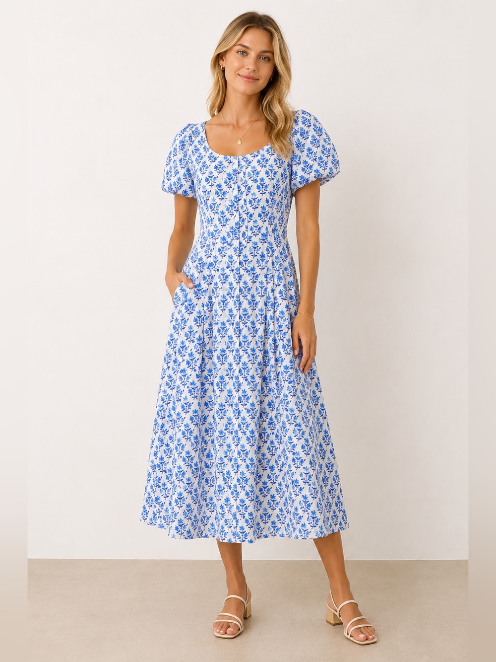 LaRoque Blue Floral Puff Sleeve Midi Dress US S